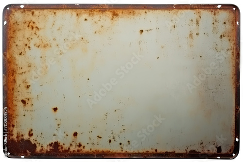 Rusty metal sign with a white background and a brown border. Suitable for adding a vintage touch to designs, vintage-themed projects, or signage for old-fashioned or antique-related concepts. photo