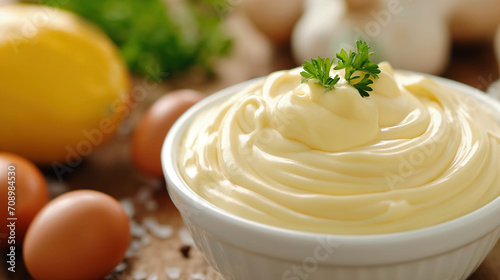 Creamy mayonnaise swirl in a white bowl.