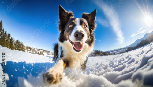 happy border collie dog playing in the snow on a winter day