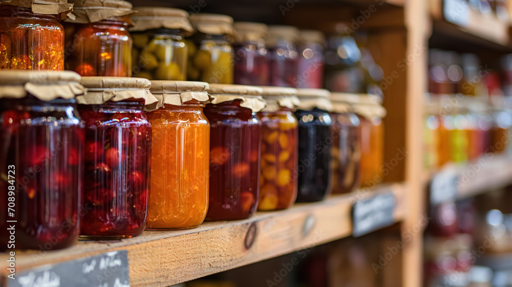 Assorted preserved fruits in jars on wooden shelf. Assorted preserved fruits in jars on wooden shelf.