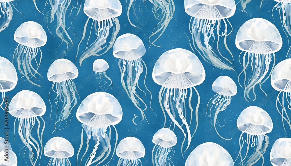 seamless marine pattern blue background with white jellyfish ocean ...