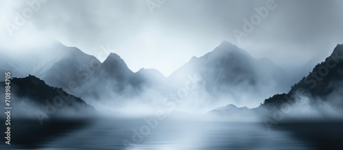 Abstract, foggy landscape with mountains and a dark background during rainy nature.