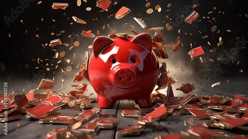 Financial crisis, broken piggy bank depicting bankruptcy, loss of investment photo