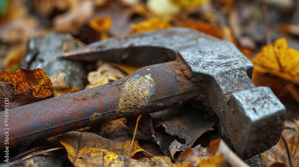 Rusty hammer on autumn leaves background. Rusty hammer on autumn leaves background.