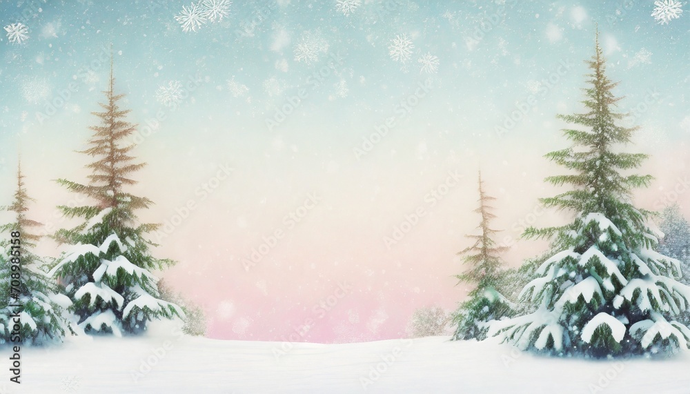 modern christmas background in pastel with fir trees in snow