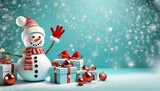 3d render christmas greeting card with cute smiling snowman toy waving his hand gift boxes and festive ornaments over the turquoise blue background