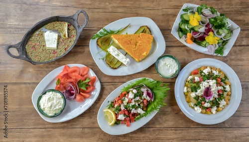 selection of traditional greek food salad meze pie fish tzatziki dolma on wood background top view