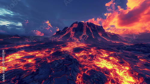 Virtual Volcano: A Digital Volcanic Landscape with Virtual Red, Neon Orange, and Holographic Yellow