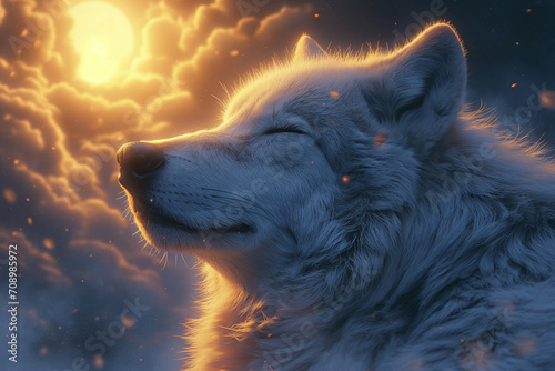 A Blissful White Wolf Basks in Moonlight, Eyes Closed, Amidst Cottony Clouds of Contentment
