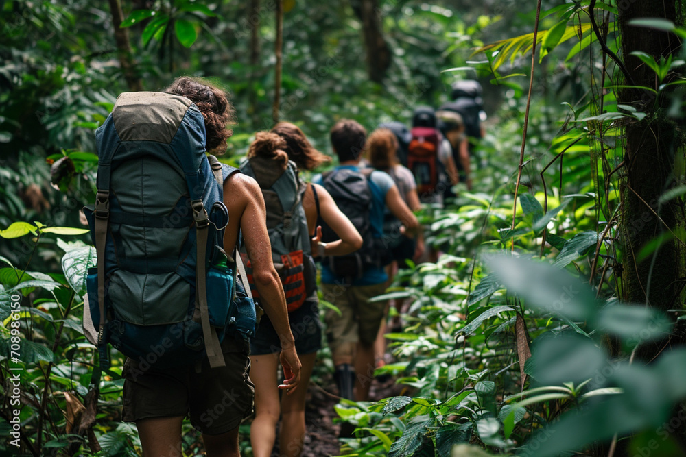 Group of friends embarking on an adventurous journey into the depths of the green, dense jungle, the spirit of exploration and unity evident in their determined stride, backpacks, boots, and sweat-soa