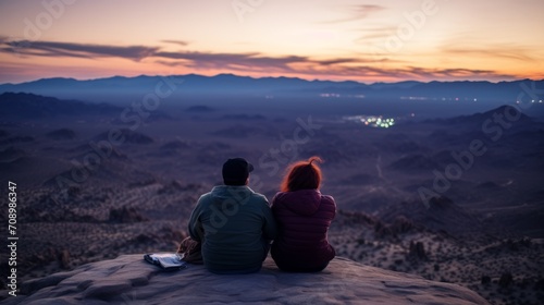 Couple are sitting on the edge of a cliff at sunset and looking at the view