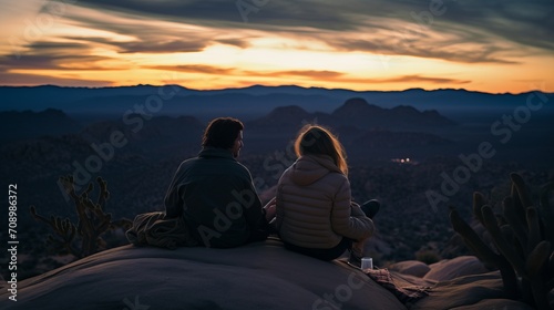 Couple are sitting on the edge of a cliff at sunset and looking at the view
