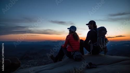 Couple are sitting on the edge of a cliff at sunset and looking at the view