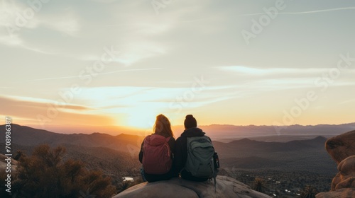 Couple are sitting on the edge of a cliff at sunset and looking at the view