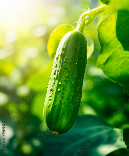 One growing cucumber close up in greenhouse with copy space