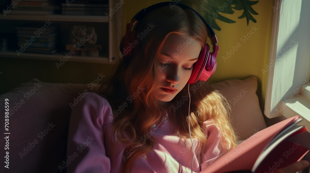 Young girl sitting and reading a book while listening to music.