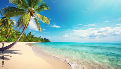 beautiful tropical island sea beach landscape turquoise ocean water yellow sand sun blue sky white cloud green coconut palm tree leaves paradise nature summer holidays vacation tourism travel photo