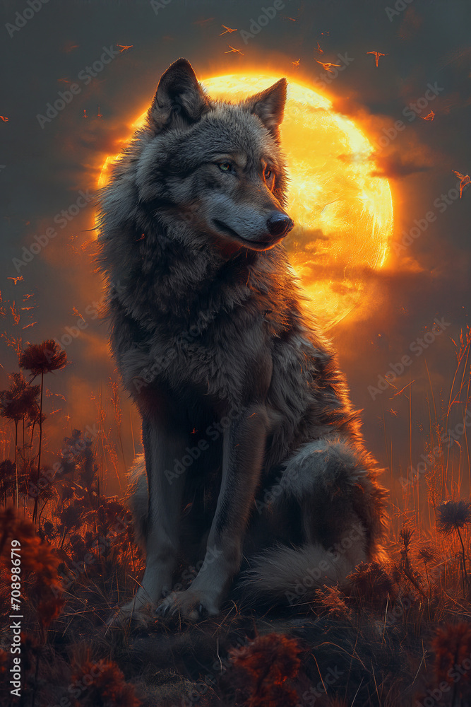 A Wolf Amidst the Radiance of the Fiery Orange-Yellow Moon