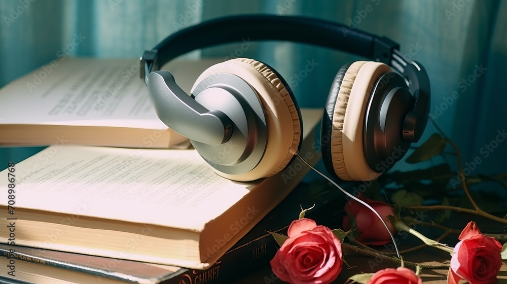 Modern headphones with hardcover book and roses composition on table. Audiobook concept or music for book reading.