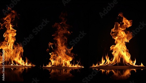 set of panorama fire flames on black background