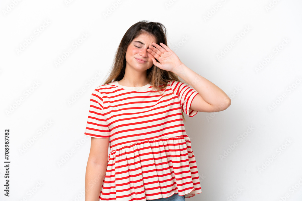 Young caucasian woman isolated on white background with tired and sick expression Young caucasian woman isolated on white background with tired and sick expression