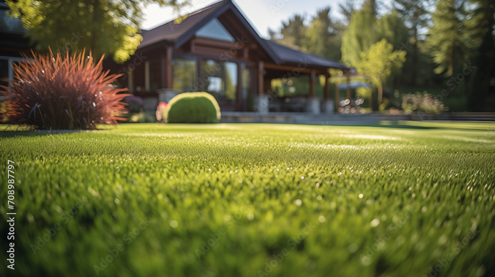 A foreground focus on a dew-kissed, well-trimmed lawn with a luxurious home softly blurred in the background