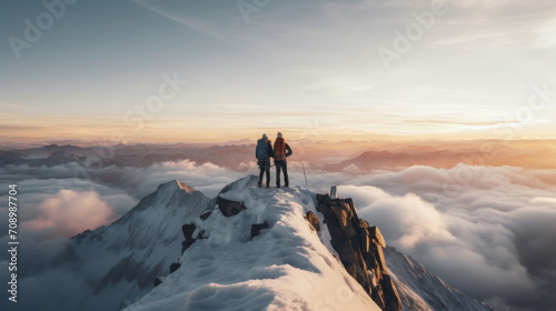 Two climbers on a mountain summit at sunrise, overlooking a sea of clouds, embodying adventure and achievement. © tashechka