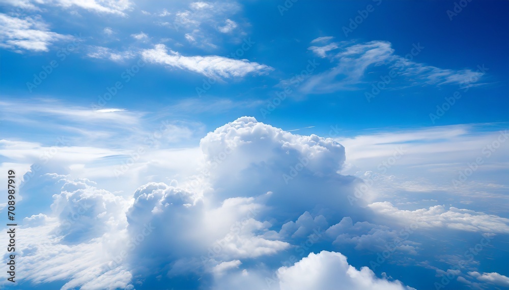 white clouds on blue sky background close up cumulus clouds high in azure skies beautiful aerial cloudscape view from above sunny heaven landscape bright cloudy sky view from airplane copy space