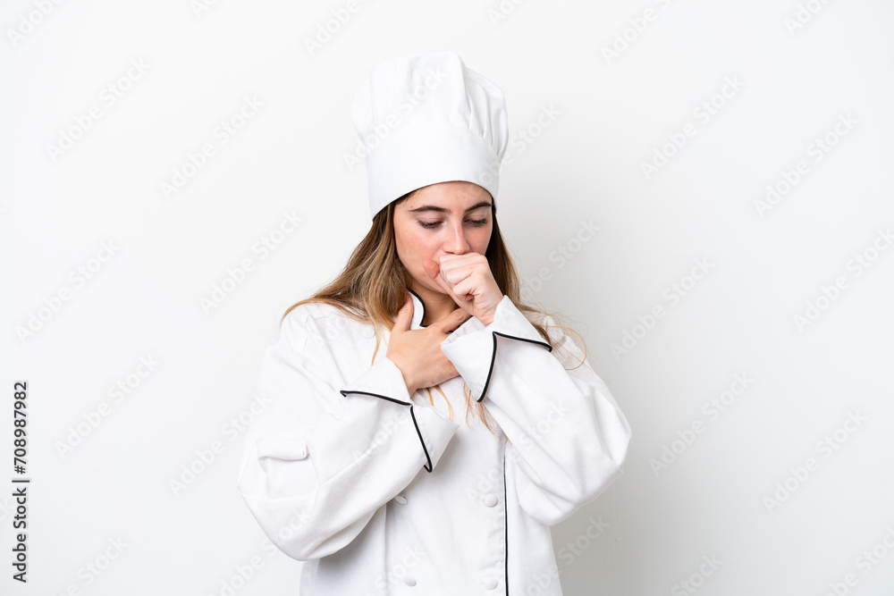 Young caucasian chef woman isolated on white background is suffering with cough and feeling bad Young caucasian chef woman isolated on white background is suffering with cough and feeling bad