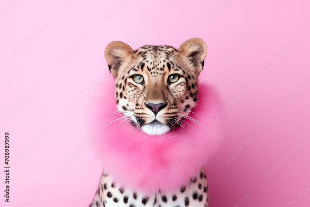 Close up portrait of a leopard with pink fur heart shaped collar on pink background. Concept of Valentines Day, Romance. For poster, billboard, card, postcard, ad Close up portrait of a leopard with pink fur heart shaped collar on pink background. Concept of Valentines Day, Romance. For poster, billboard, card, postcard, ad