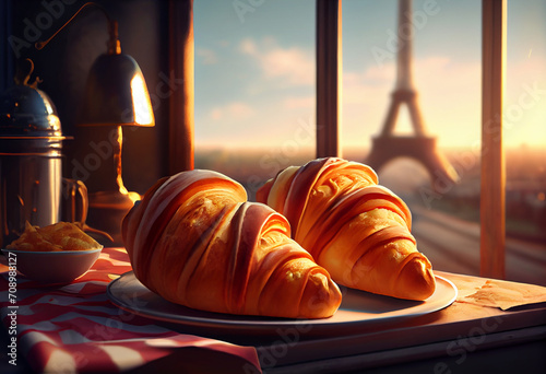 Croissants in Paris, in flare style, realistic composition hyper realistic. 