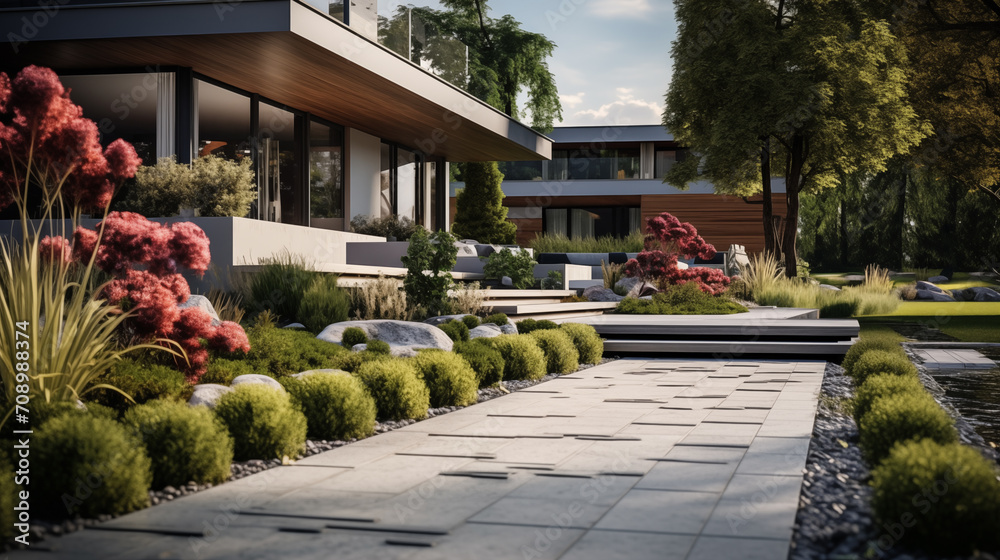 Obraz premium Luxurious house garden with a stone pathway, vibrant Japanese maple trees, and well-manicured shrubs