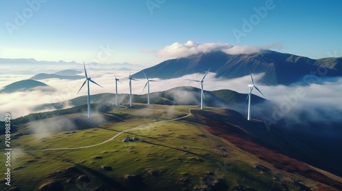 Wind farm on the mountain, blue sky and white clouds