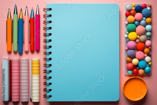 An aesthetically pleasing composition of school stationery, featuring colorful markers and notebooks, photographed in high resolution from above on a pastel solid background photo