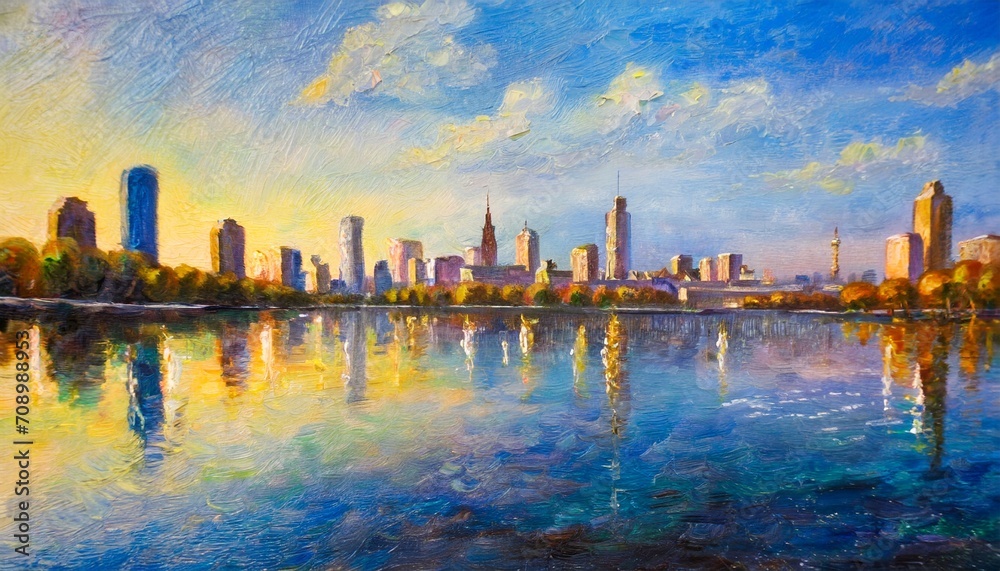 skyline city view with reflections on water original oil painting on canvas