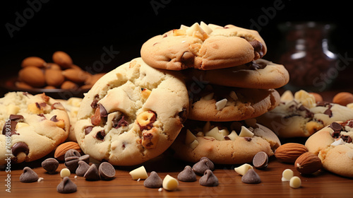 A tempting pile of chocolate chip and nut cookies on a table. Perfect for food blogs, baking websites, recipe cards, and advertising materials for bakeries.