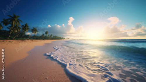 Sunset view of a tranquil tropical beach with palm trees, soft waves, and a warm, inviting ambiance.