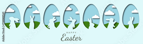 illustration of an easter background. egg and rabbit illustration in paper cut style.