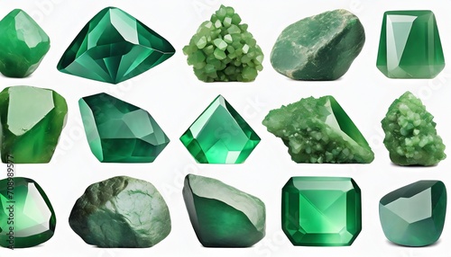 green gem stones nuggets set white background isolated close up raw emerald gemstones collection group of shiny precious rocks rough brilliant crystals natural mineral samples jewelry production photo