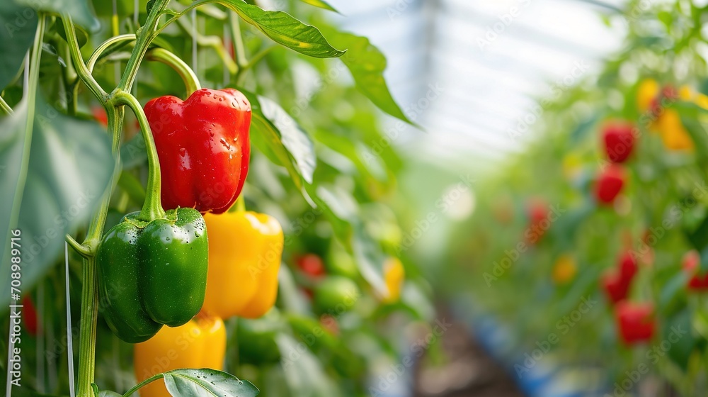 Growing sweet peppers in a greenhouse, photo with perspective. Fresh juicy red green and yellow peppers on the branches close-up. Agriculture - large crop of pepper - obrazy, fototapety, plakaty 