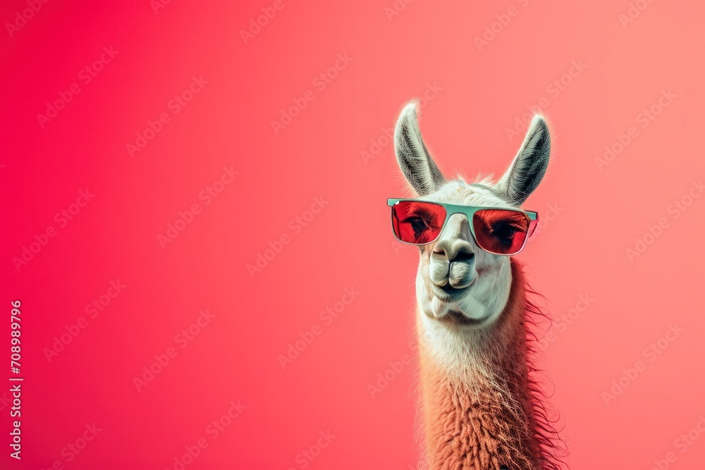 a llama wearing stylish sunglasses, solid pastel background, surreal and eye-catching atmosphere