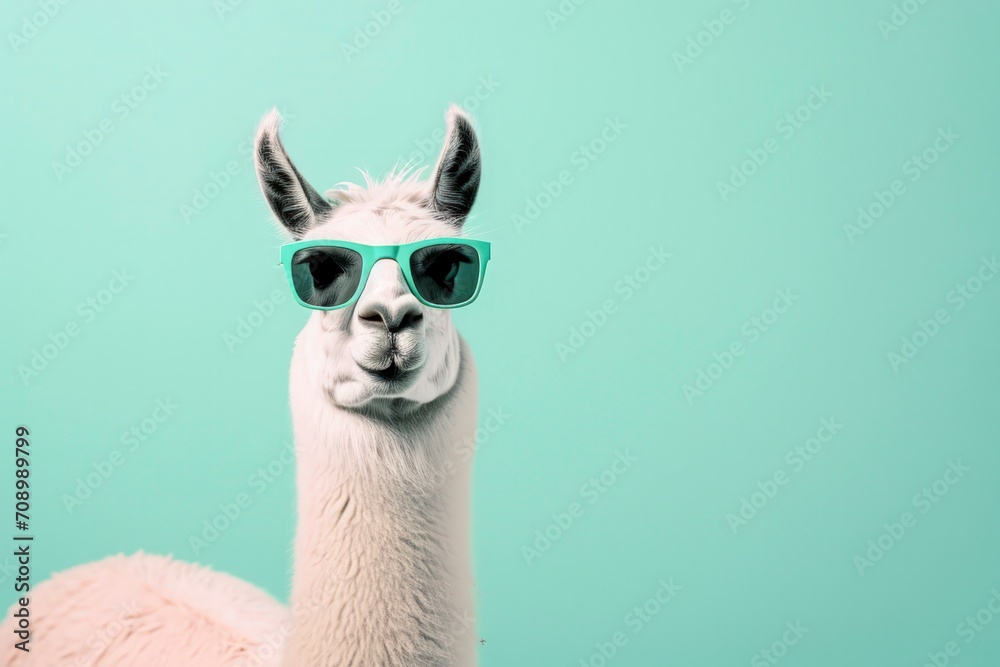 Obraz premium a llama wearing stylish sunglasses, solid pastel background, surreal and eye-catching atmosphere
