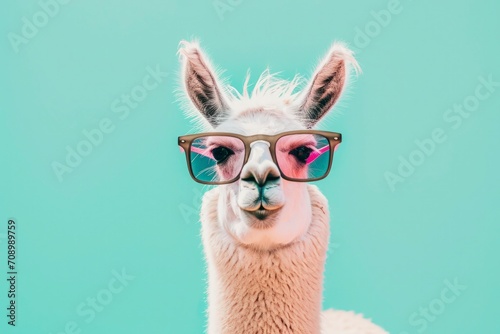 a llama wearing stylish sunglasses, solid pastel background, surreal and eye-catching atmosphere