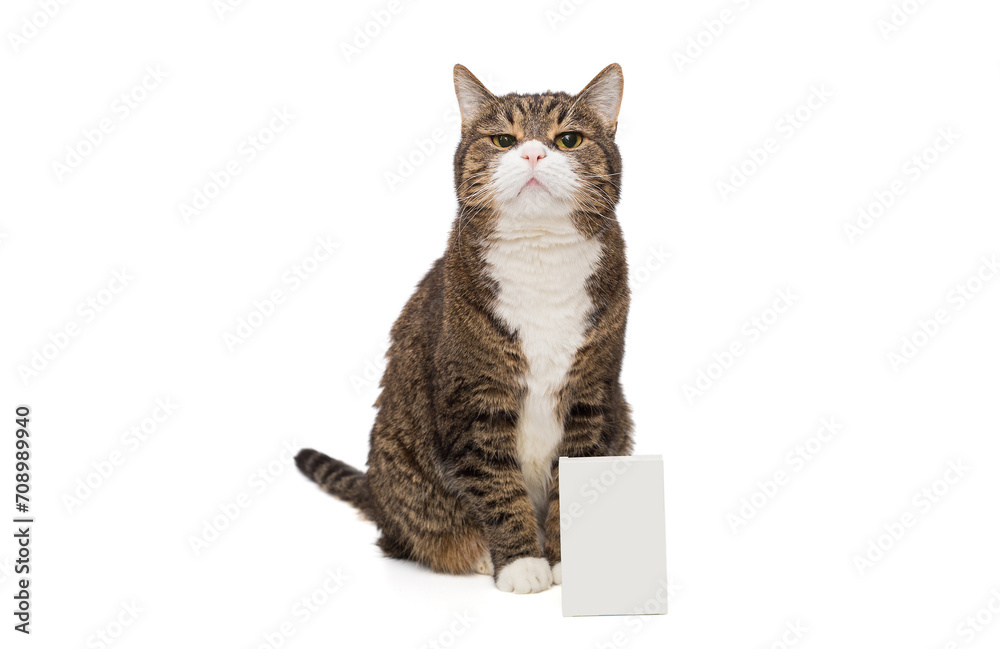 Grey, striped cat and empty package, isolated on a white background Grey, striped cat and empty package, isolated on a white background