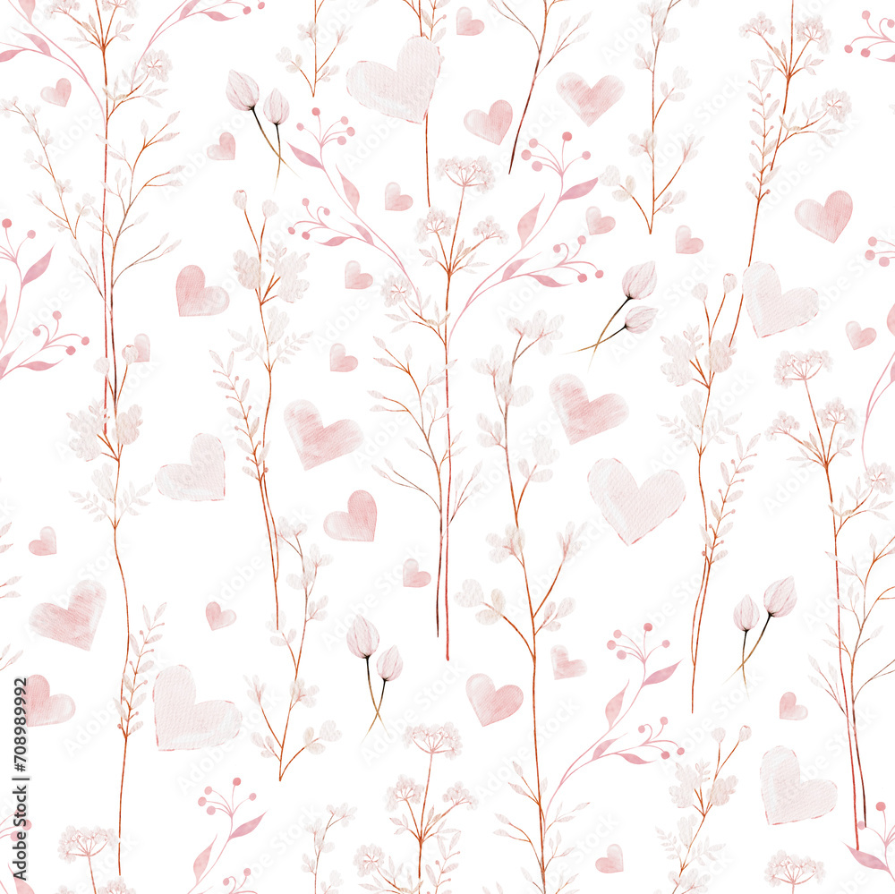 Watercolor seamless pattern with branches leaves and bird.