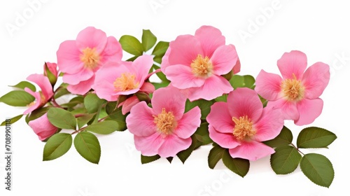 Wild Rosa hybrida flowers with green leaves thrive in the tropical rainforest, isolated on a white background with a included clipping path. photo