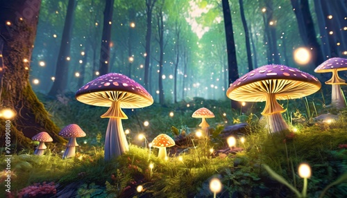 a landscape with magical mushrooms glowing and shining at dusk with fireflies and particles around and a dark forest of bondo with trees fairy tale scenario for a fantasy story or a wallpaper photo