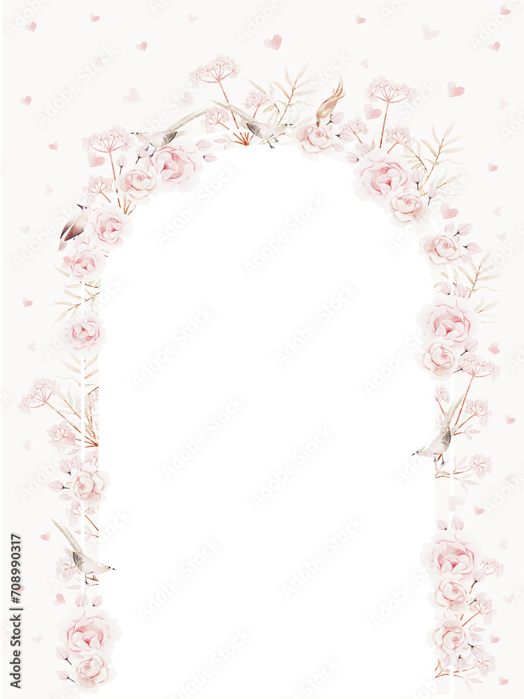 Watercolor frame with beautiful rose flowers and bird.