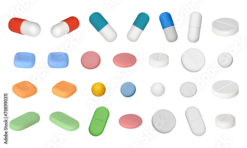 Set of different 3D vector pills. Medicines, tablets, capsules, drug of painkillers, antibiotics, vitamins. Healthcare medicines. Vector illustration in cartoon minimal style isolated on white