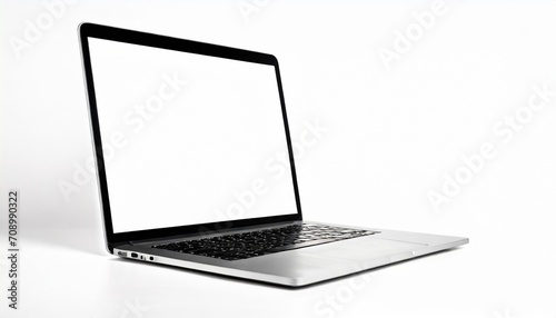 laptop with blank screen on white background isolated close up side view modern slim computer design open empty display pc mockup studio shot copy space photo